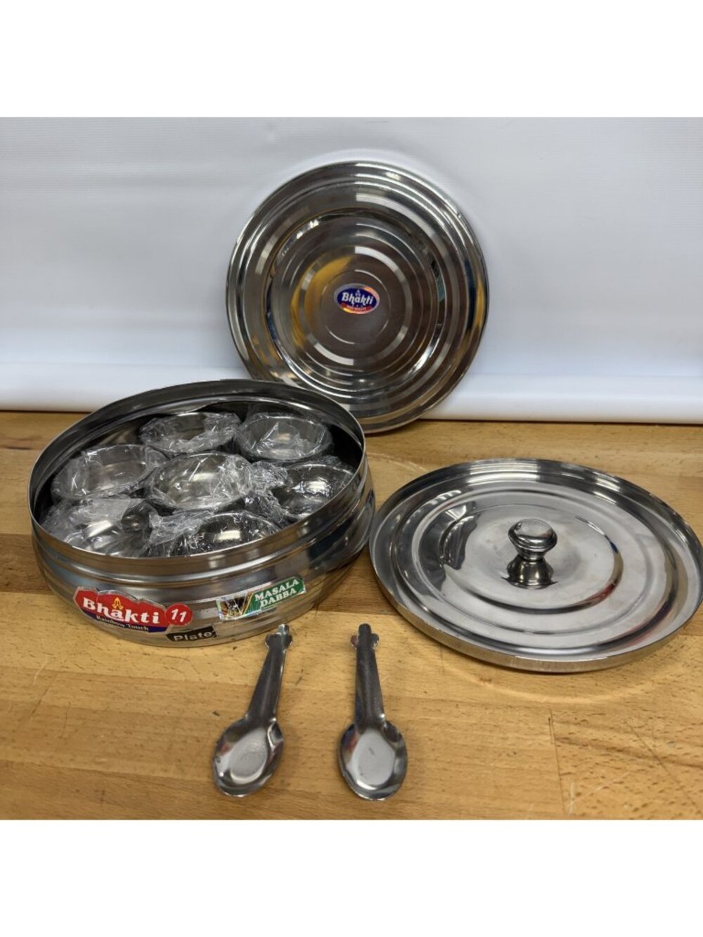 Bhakti - Masala Dabba Spice Container - Stainless Steel - 7 Containers- 2 Spoons